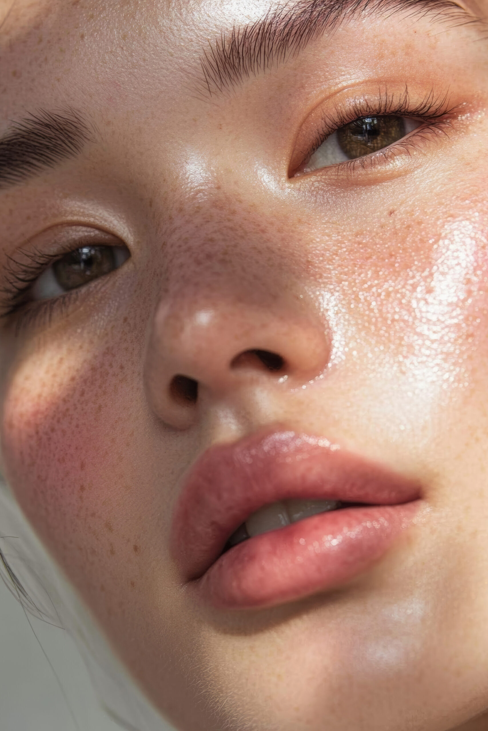 close up of freckled female asian model face with glowing skin