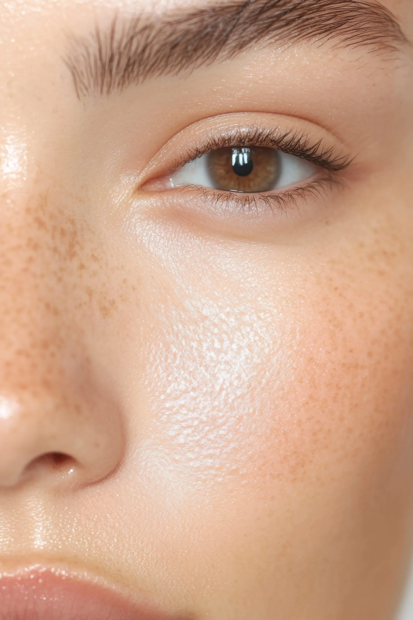 macro shot of a woman’s natural glowing skin and freckles, highlighting youthful and healthy complexion instagram social media content marketing