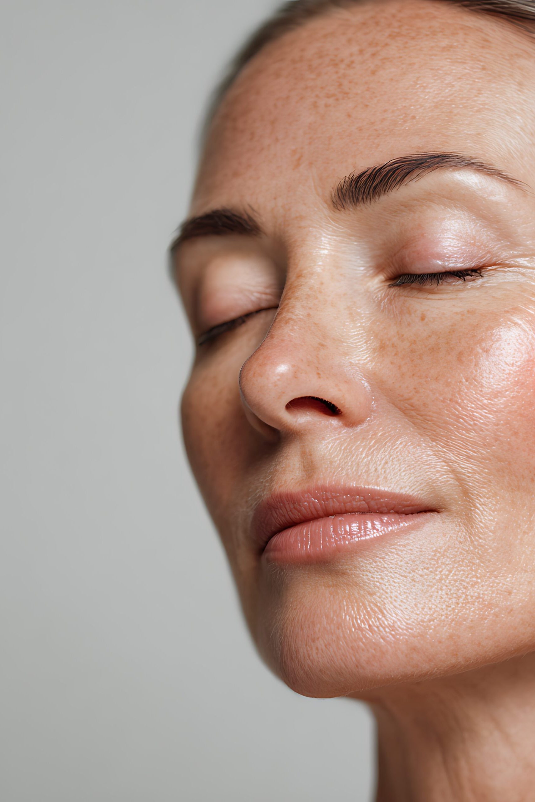 realistic adult female face receiving laser skin rejuvenation on cheeks, showing subtle red glow, professional laser device, hyper detailed skin texture, and natural light reflection.