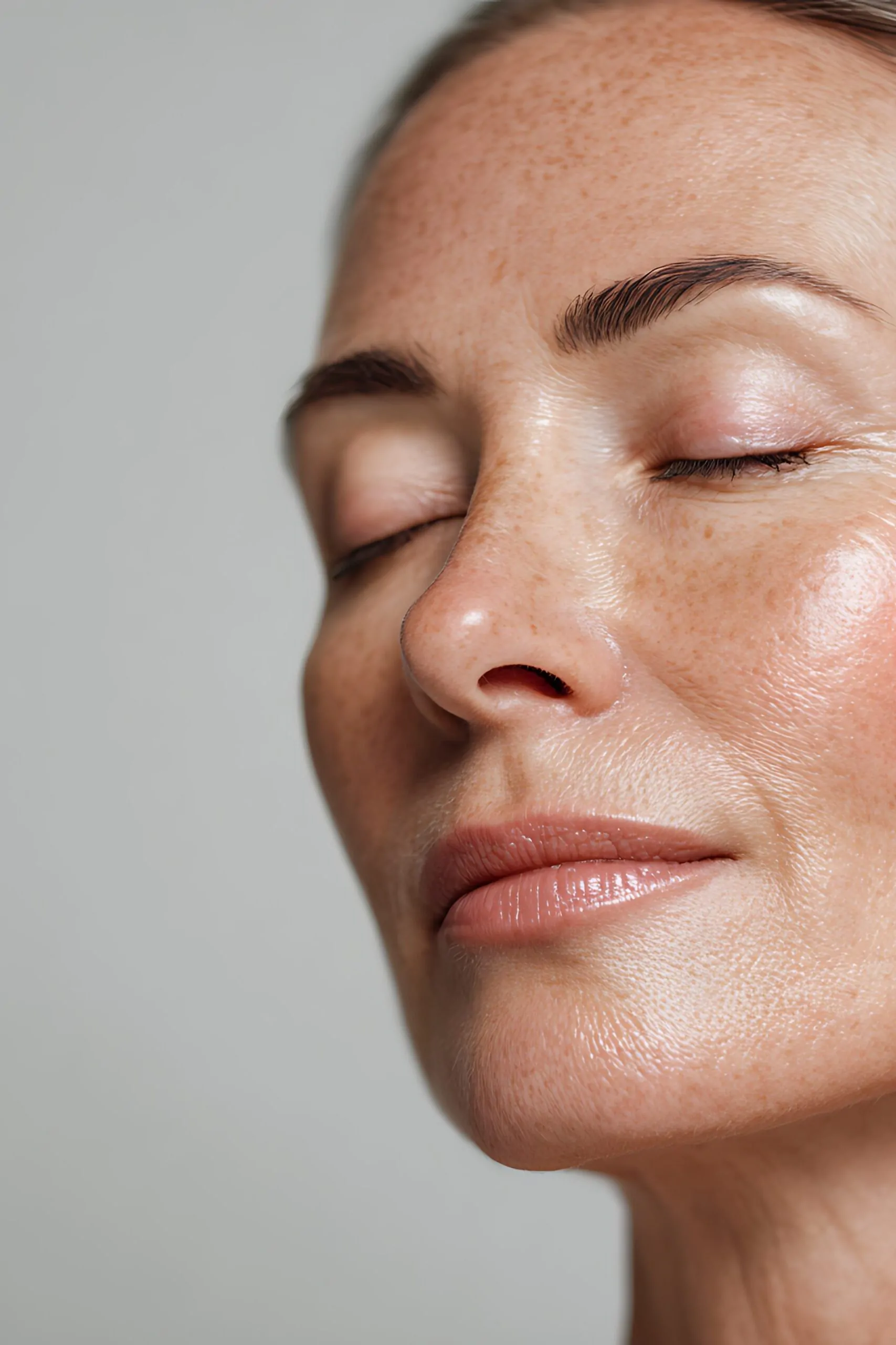 realistic adult female face receiving laser skin rejuvenation on cheeks, showing subtle red glow, professional laser device, hyper detailed skin texture, and natural light reflection.